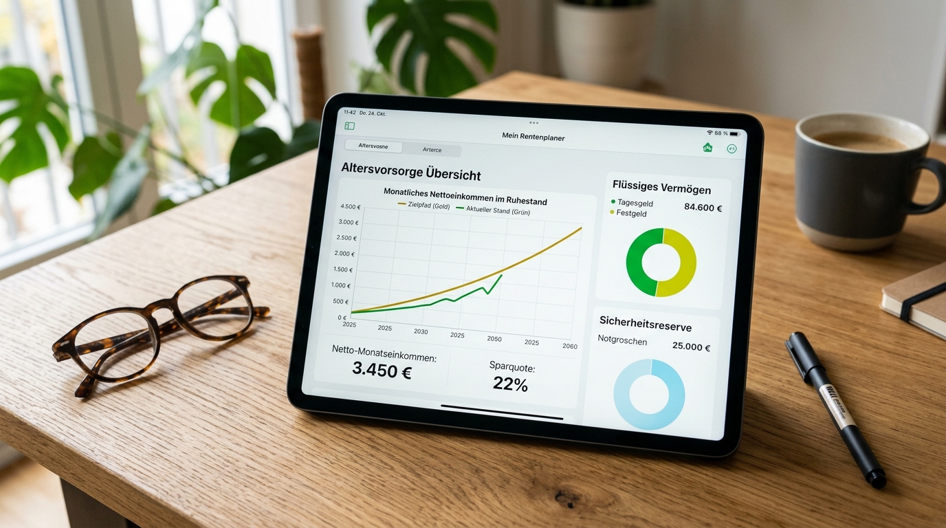 Tablet-Dashboard von ruhestandplan.de mit Nettoeinkommen und Vermögenskurve