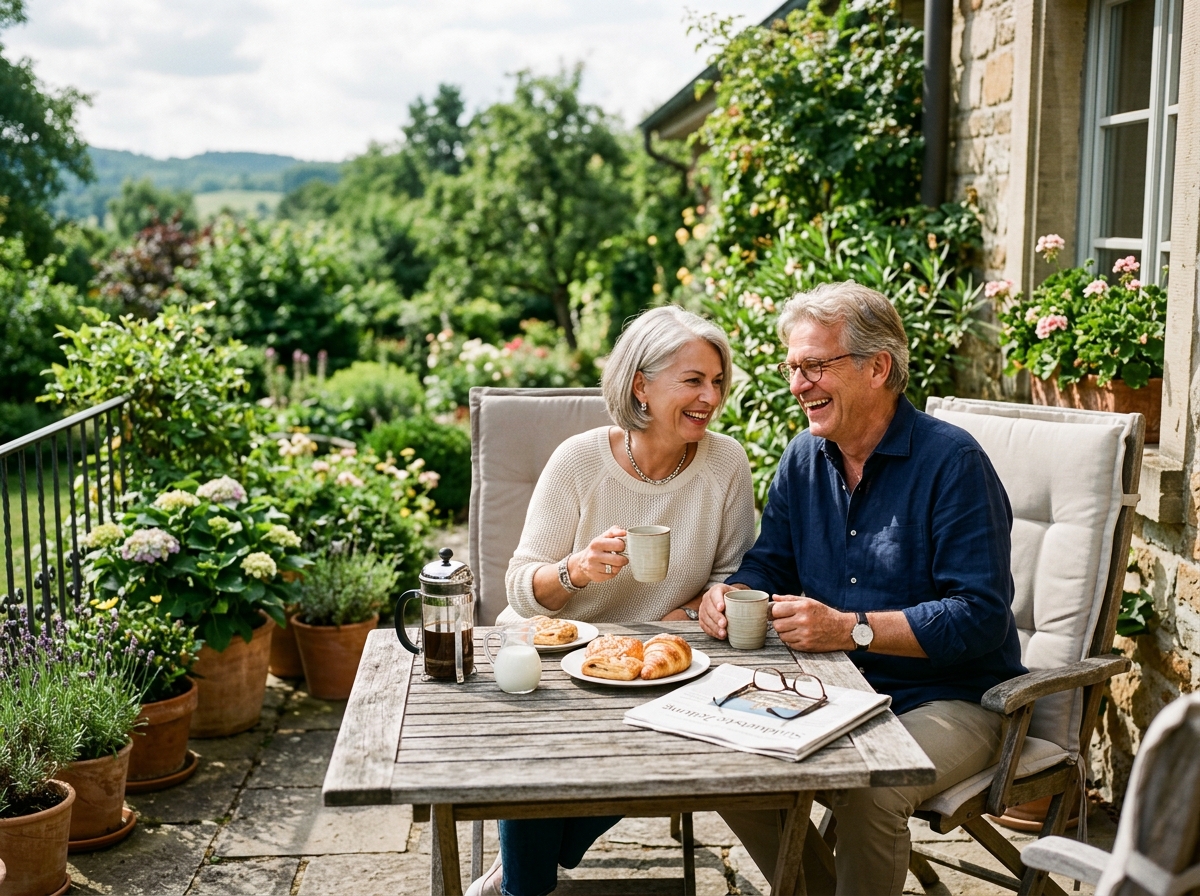 Ehepaar im Ruhestand im sonnigen Garten bei der Finanzplanung